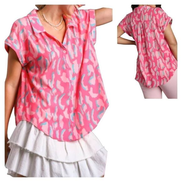 Umgee Pink Flamingo Cheetah Button Down Shirt Top Size M High Low Hem Animal Pri - Picture 1 of 9